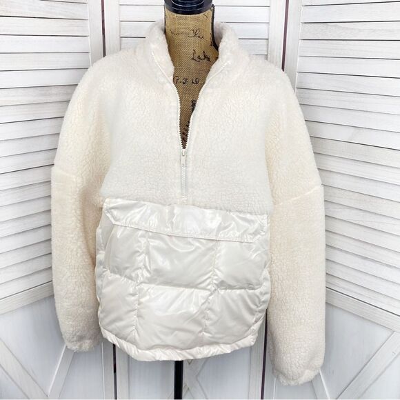 Fabletics Nelly Mixed Media Teddy Pullover Jacket Cream XL Half Zip - Picture 2 of 15